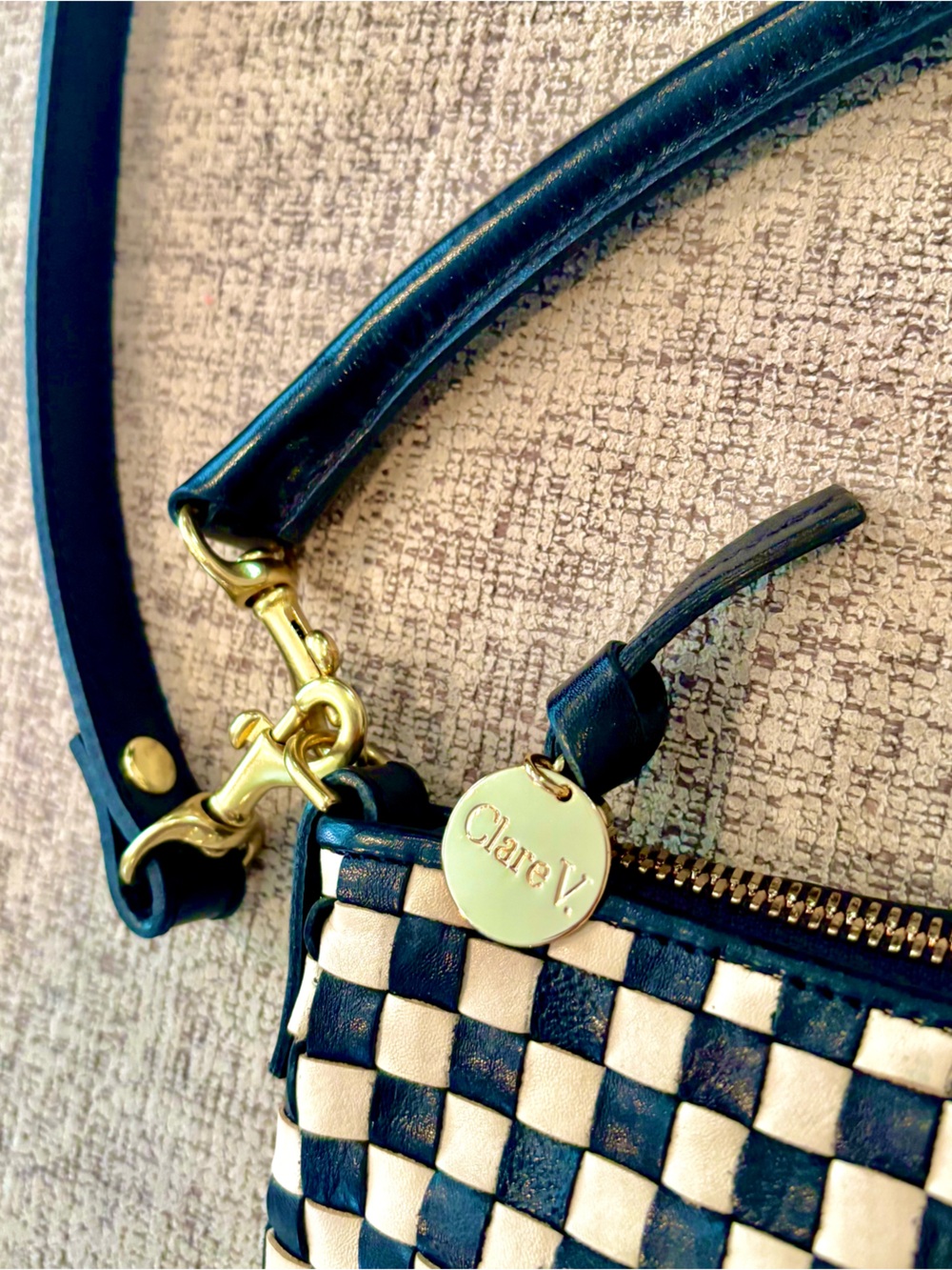 Clare V Petite Moyen Messenger Checker Shoulder / Crossbody Bag Black/Cream - Picture 8 of 12